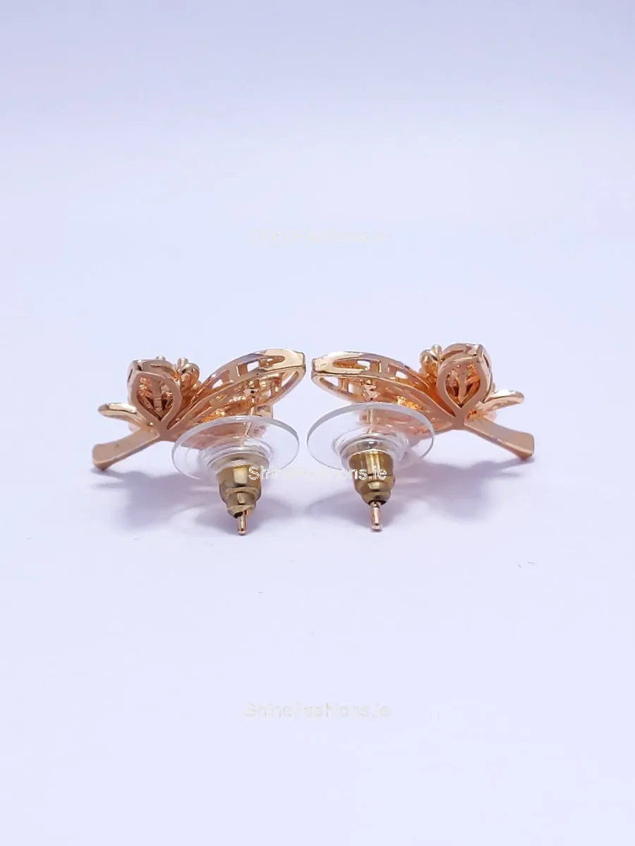 Gold Diamond Leaf Design Stud Earrings