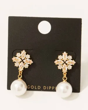 Gold Dipped Cz Cluster Stud And Pearl Charm Earrings
