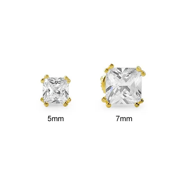 Gold Fancy Princess Cut CZ Studs Screwback