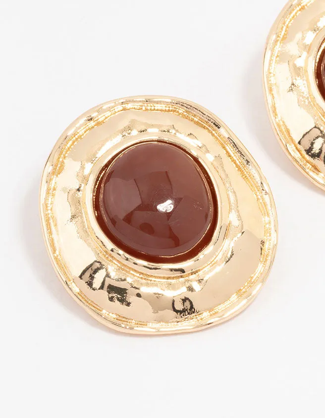 Gold Molten Circle Disc Stud Earrings