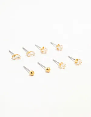 Gold Plated Brass Star & Marquise Cubic Zirconia Earrings 4-Pack