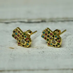 Gold Plated Hamsa Shape Earrings with Small Multicolored Pave in Hoop or Stud 220-25 | Erika Williner Designs