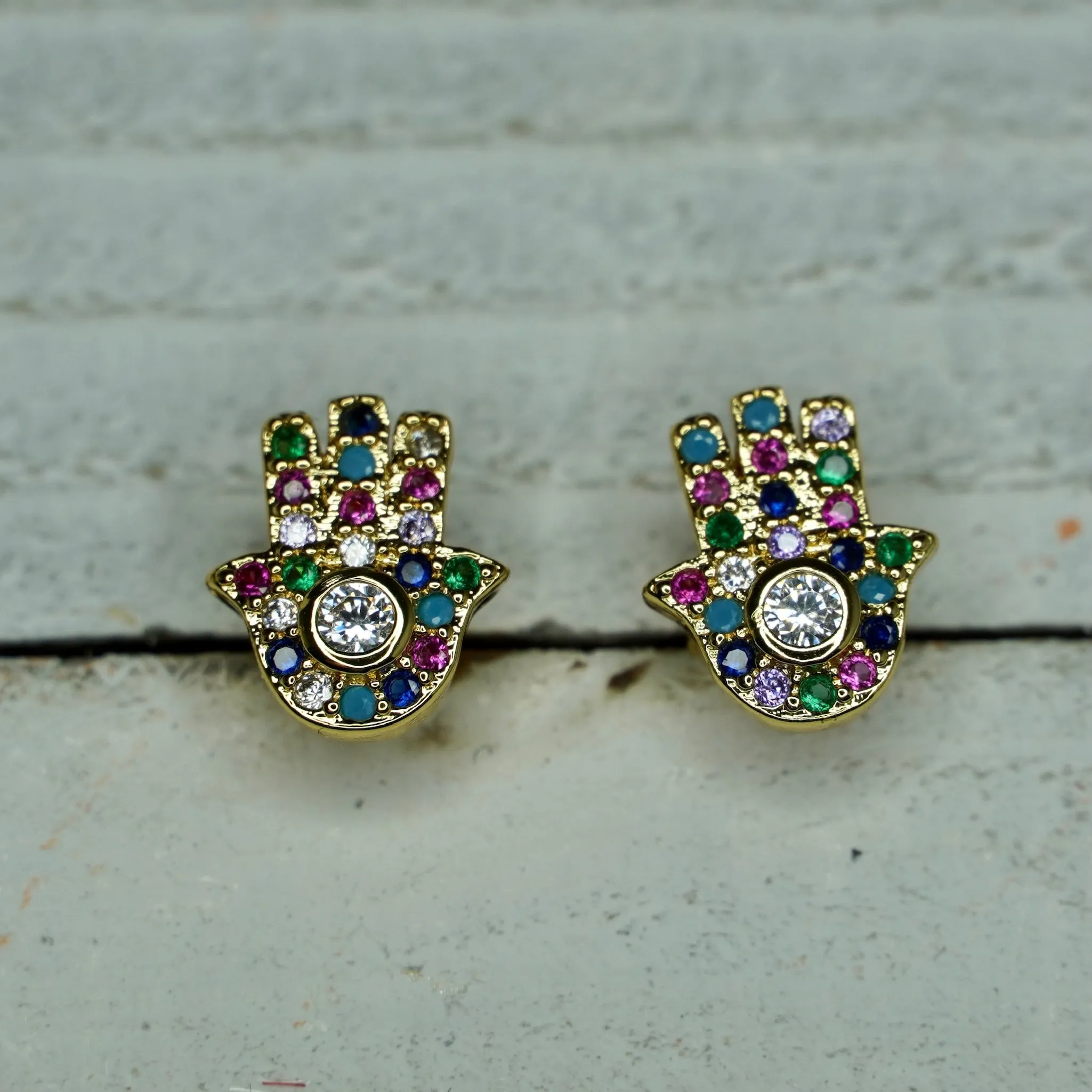 Gold Plated Hamsa Shape Earrings with Small Multicolored Pave in Hoop or Stud 220-25 | Erika Williner Designs