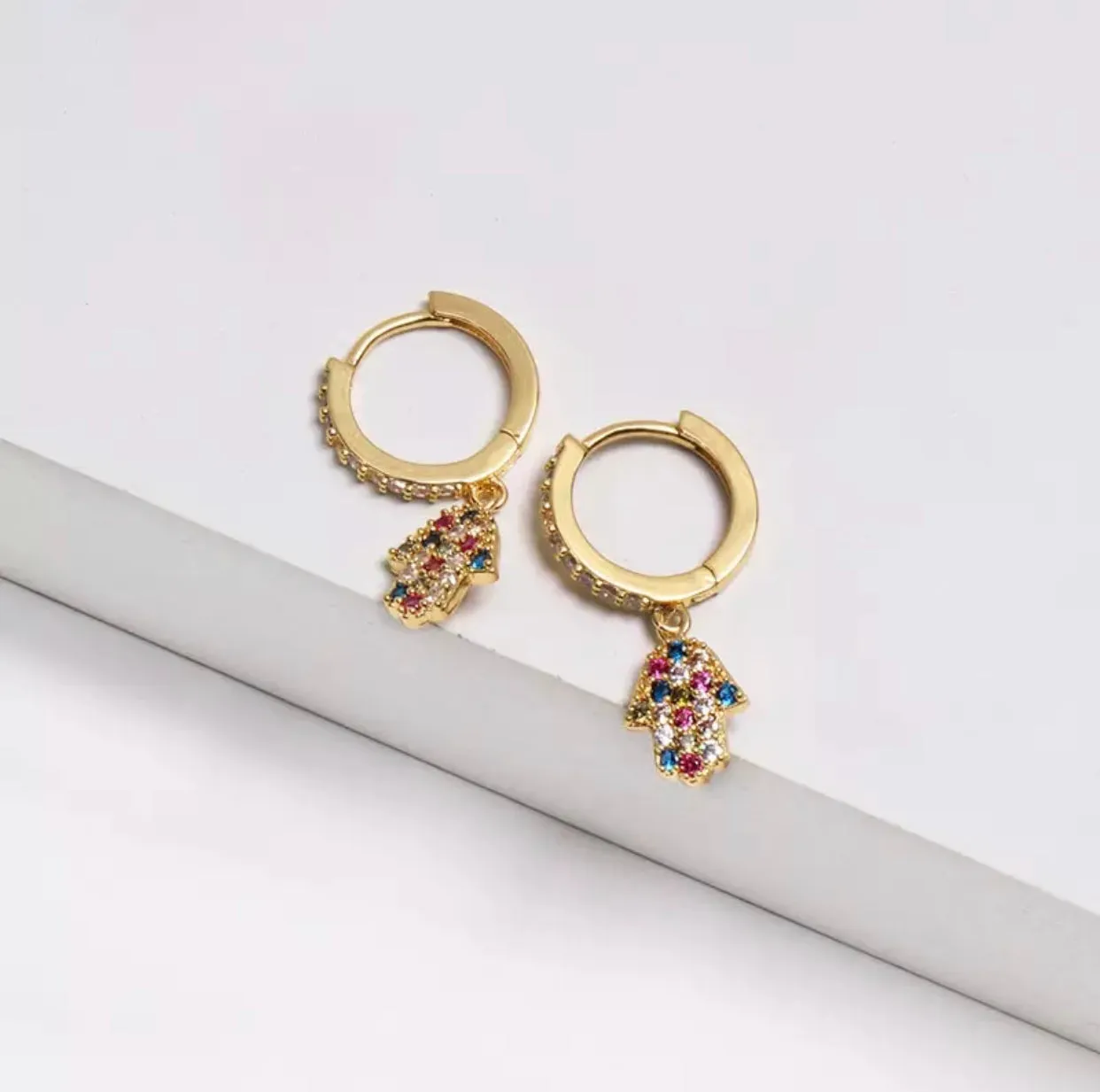 Gold Plated Hamsa Shape Earrings with Small Multicolored Pave in Hoop or Stud 220-25 | Erika Williner Designs
