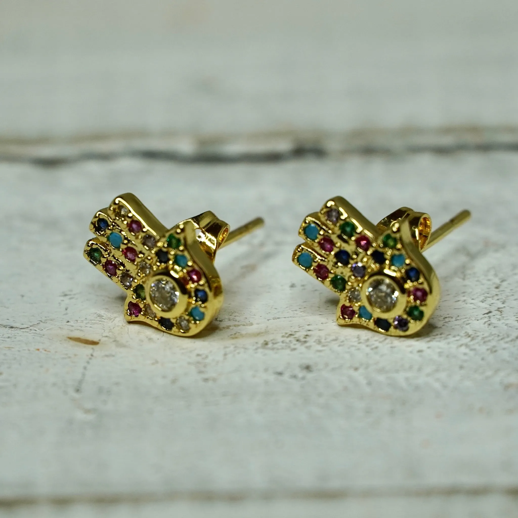 Gold Plated Hamsa Shape Earrings with Small Multicolored Pave in Hoop or Stud 220-25 | Erika Williner Designs