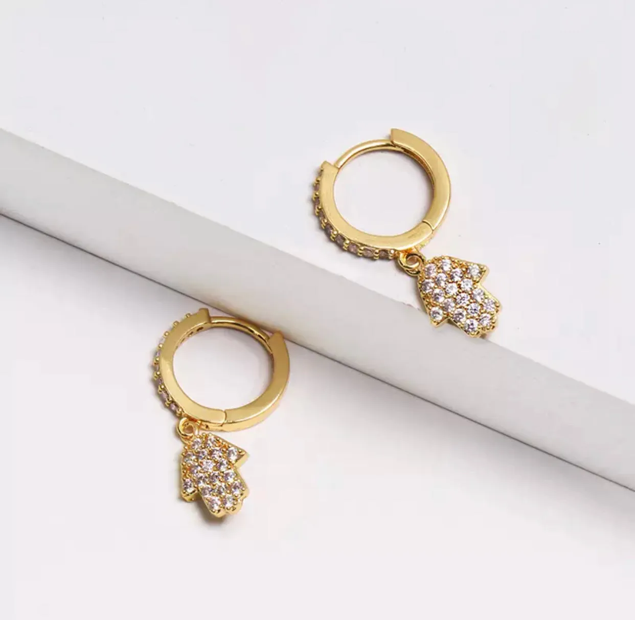 Gold Plated Hamsa Shape Earrings with Small Multicolored Pave in Hoop or Stud 220-25 | Erika Williner Designs