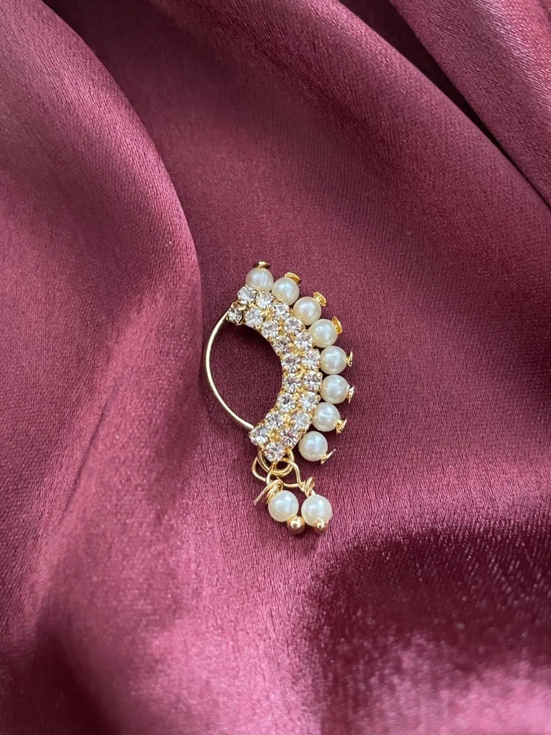 Gold Plated Maharashtrian Nath Nose Pin Gold Beads American Diamond Studded
