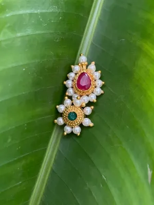 Gold Plated Maharashtrian Nath Nose Pin Red & Green Colour with Pearls