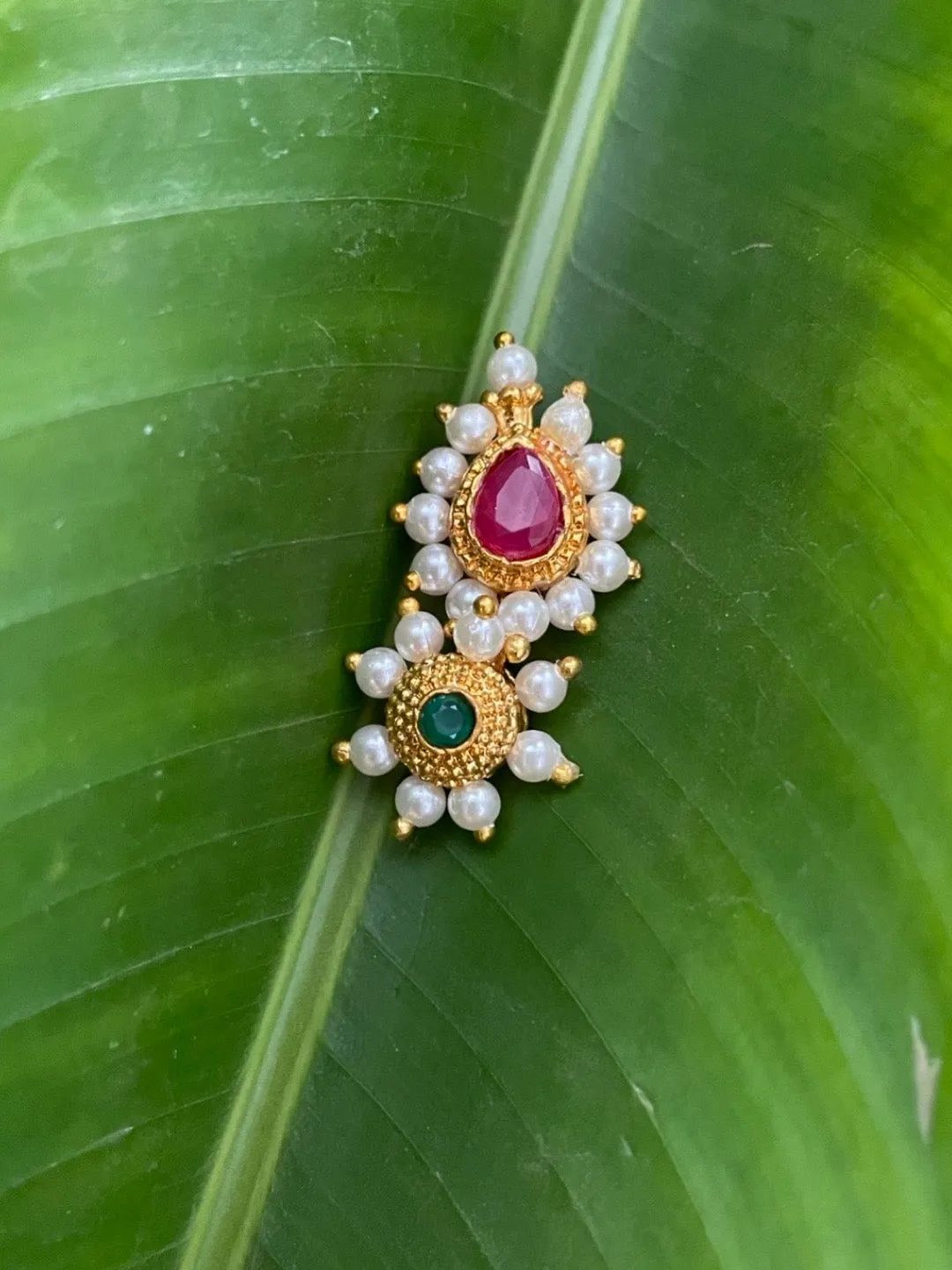 Gold Plated Maharashtrian Nath Nose Pin Red & Green Colour with Pearls
