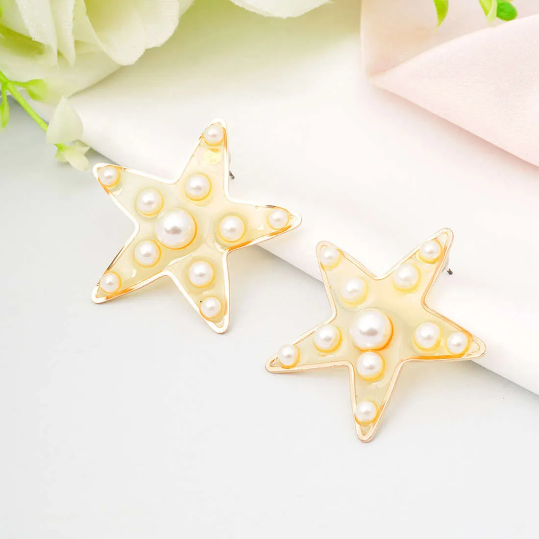 Golden Pearl Star Studs