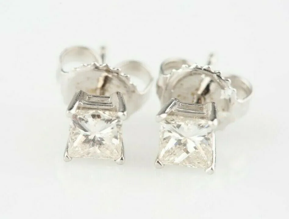 Gorgeous 0.61 Ct Princess Cut Diamond Stud Earrings in 14k White Gold Settings