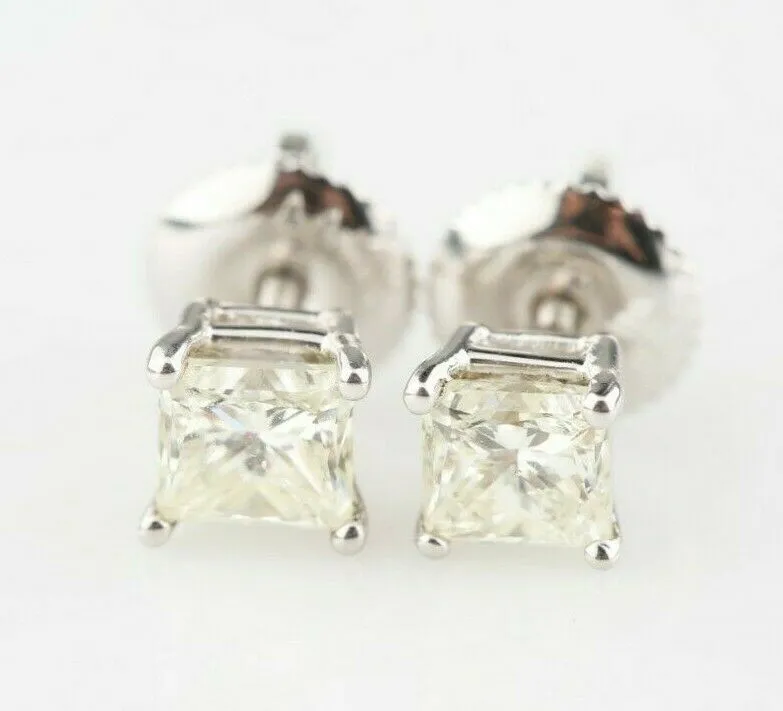 Gorgeous 0.99 Ctw Princess Cut Diamond Stud Earrings in 14k White Gold J-K/SI2
