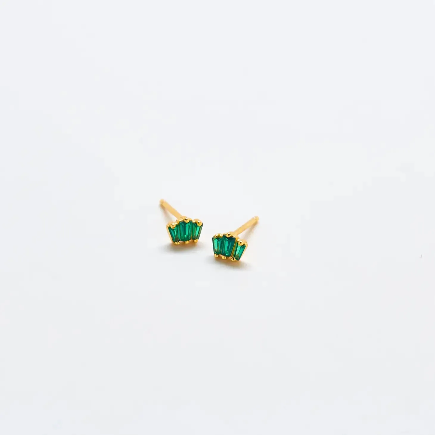 Green Trio Baguette Gold Studs
