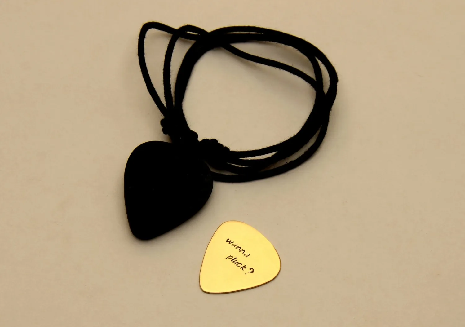 Guitar Pick Necklace Set stamped with Wanna Pluck