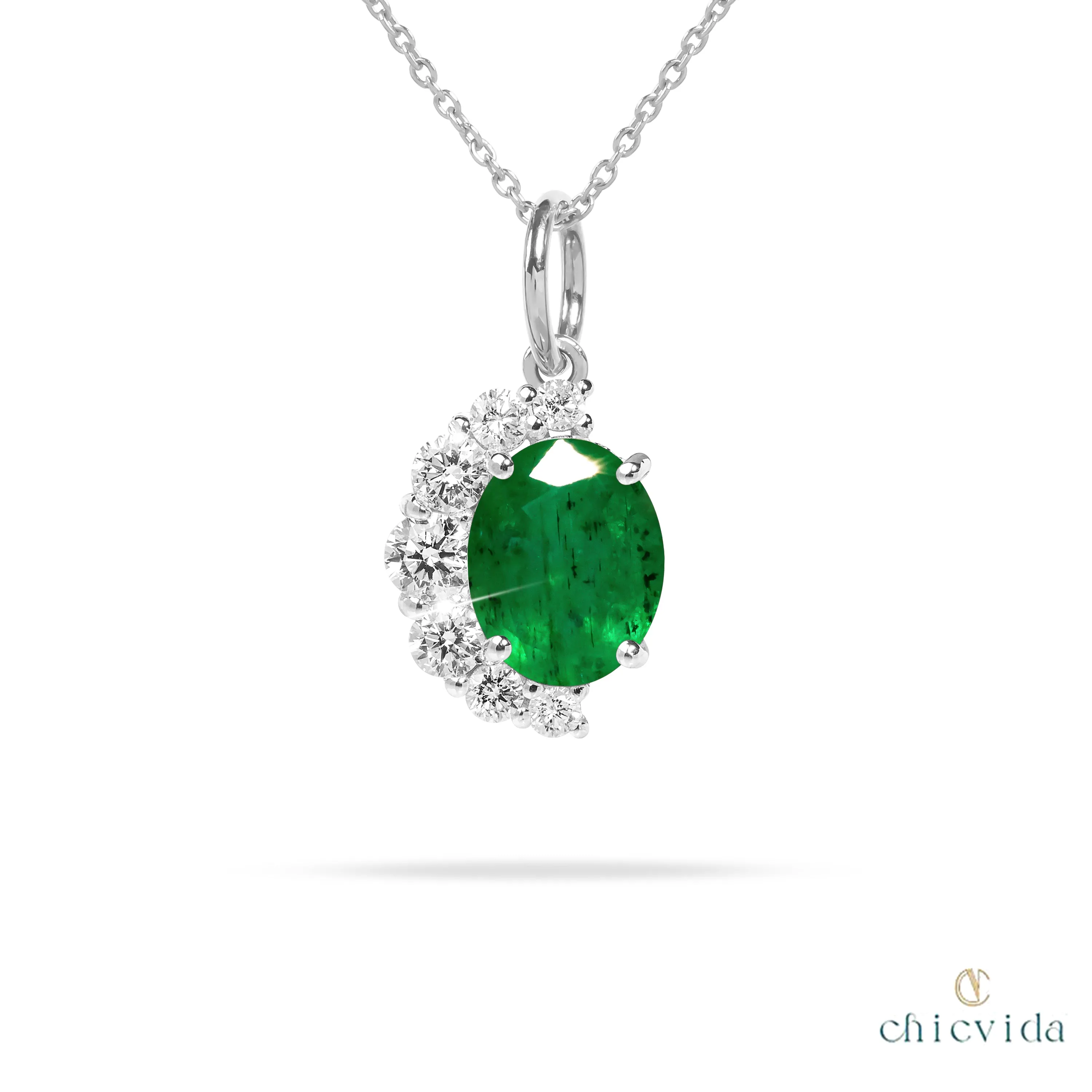 Half Halo Emerald Pendant