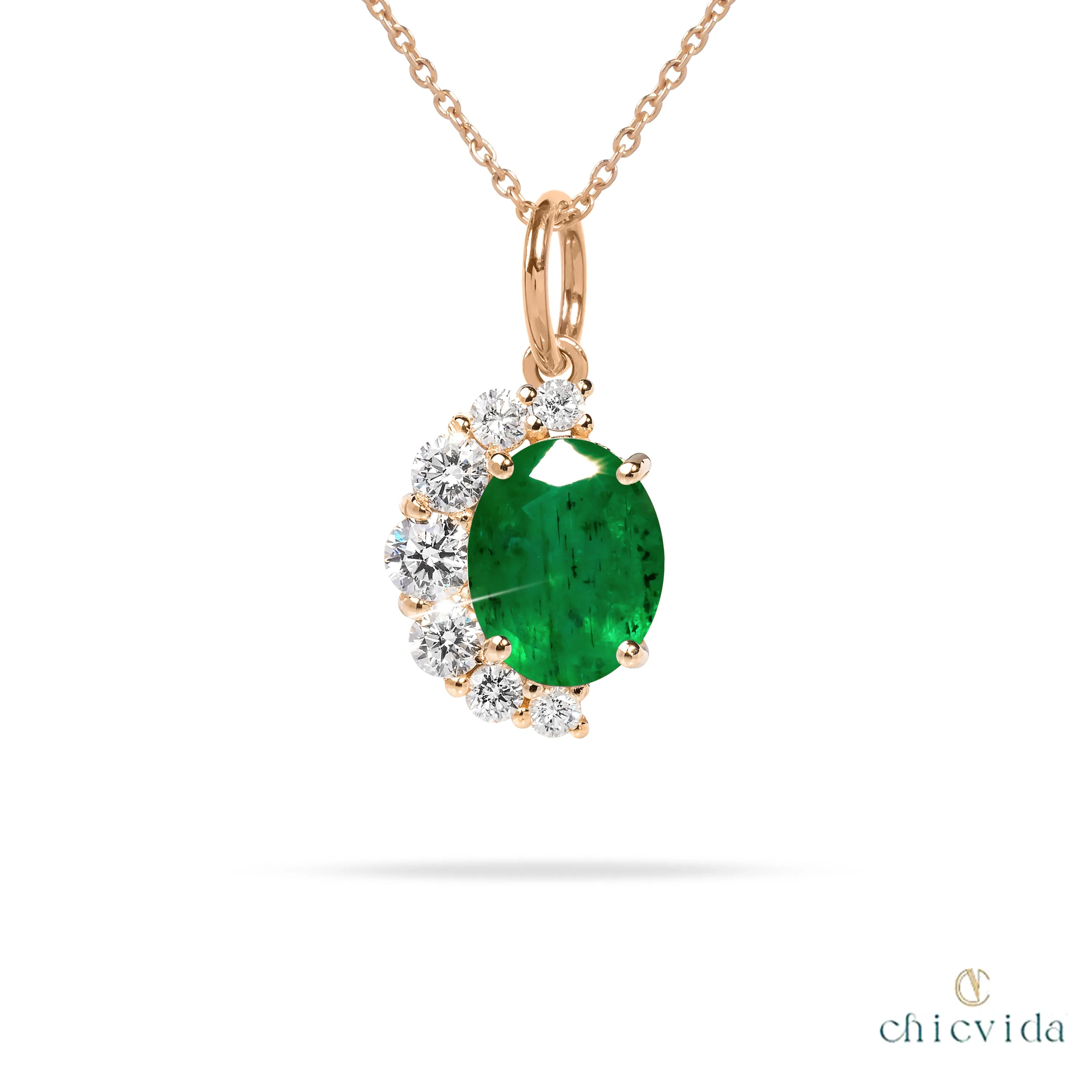 Half Halo Emerald Pendant