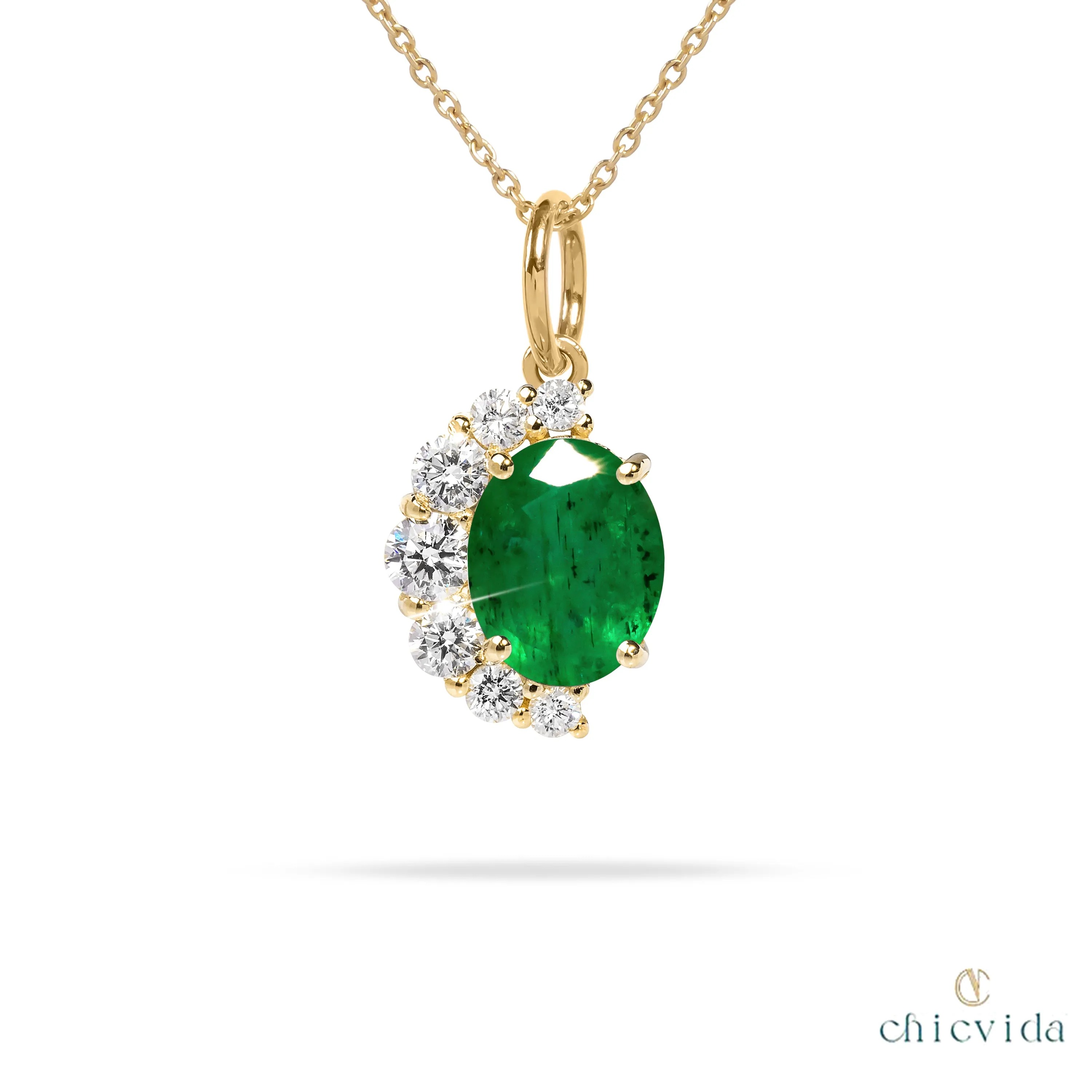 Half Halo Emerald Pendant
