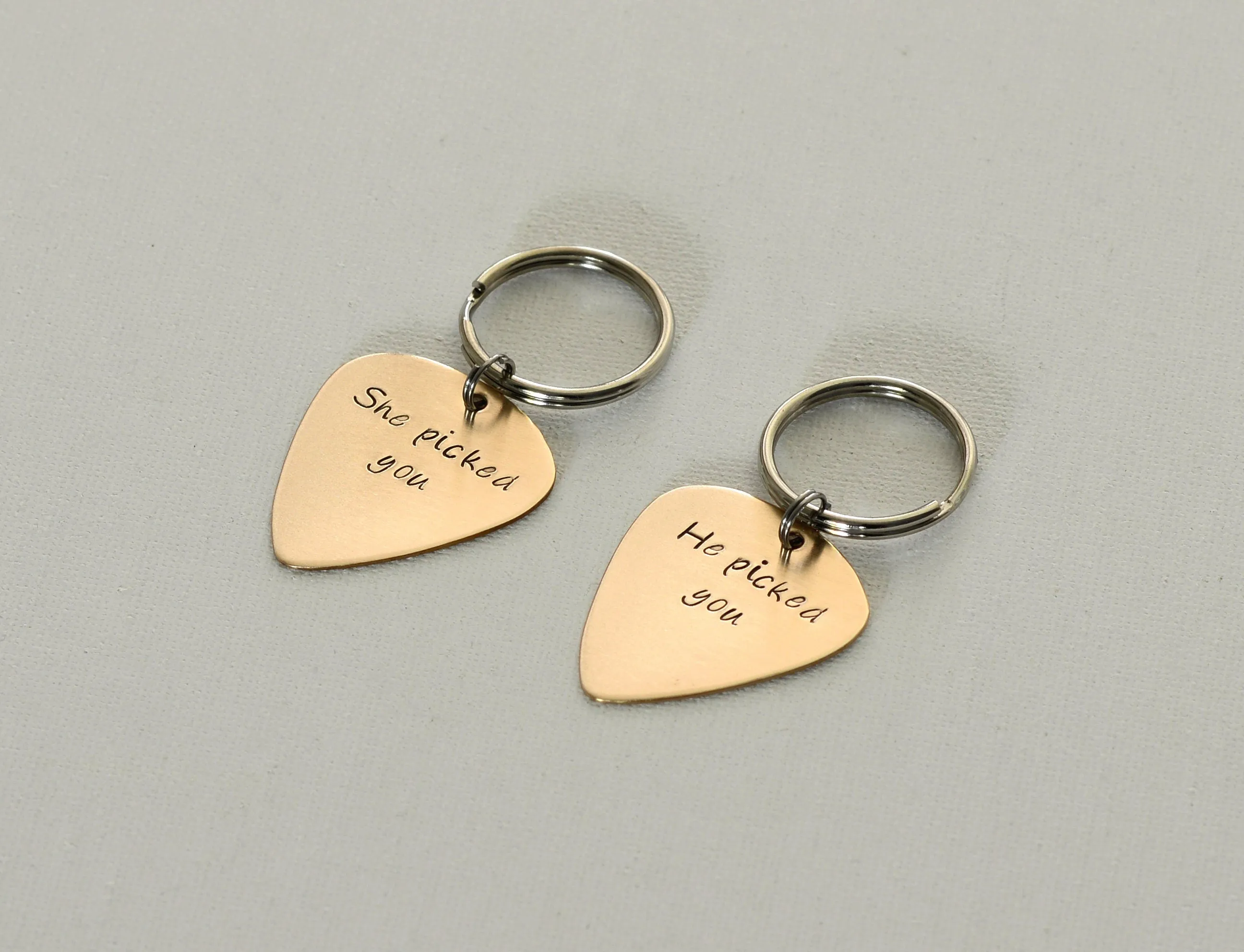 He picked you – She picked you - Couples Guitar Pick Keychain Set
