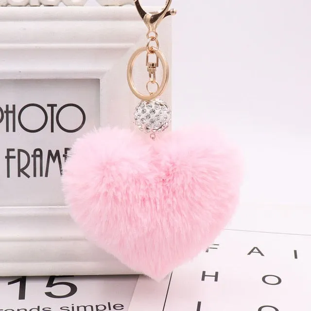 Heart Pom Pom Key Chain With Round Crystal Ball