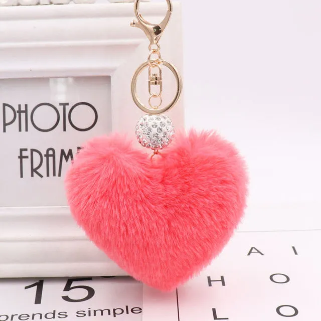 Heart Pom Pom Key Chain With Round Crystal Ball