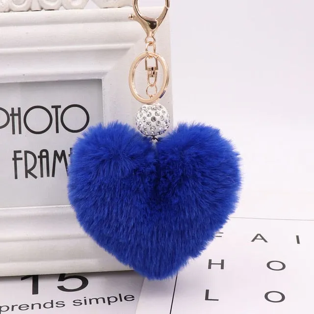 Heart Pom Pom Key Chain With Round Crystal Ball