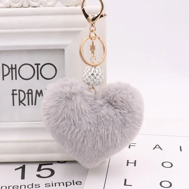 Heart Pom Pom Key Chain With Round Crystal Ball