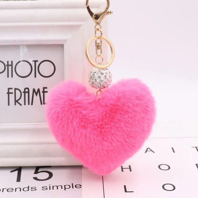 Heart Pom Pom Key Chain With Round Crystal Ball