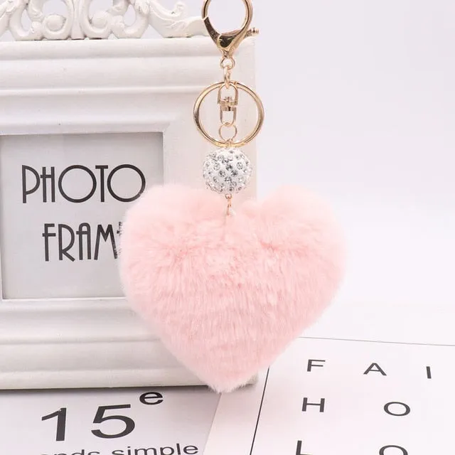 Heart Pom Pom Key Chain With Round Crystal Ball
