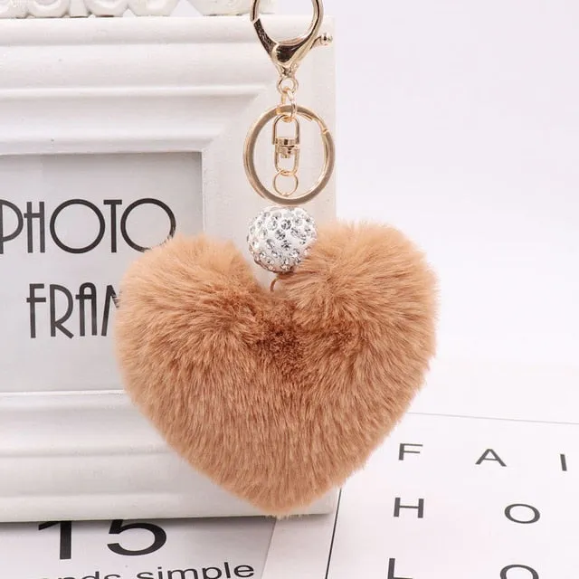 Heart Pom Pom Key Chain With Round Crystal Ball