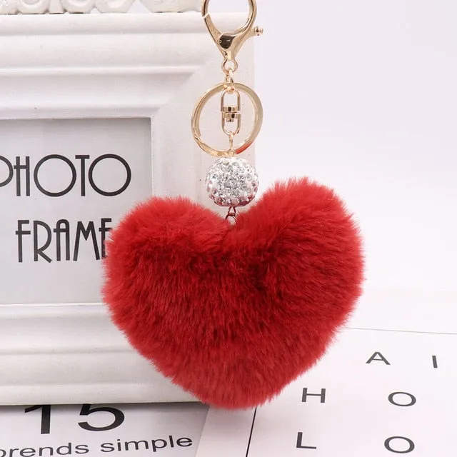 Heart Pom Pom Key Chain With Round Crystal Ball