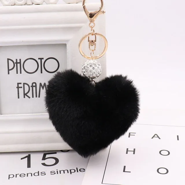 Heart Pom Pom Key Chain With Round Crystal Ball