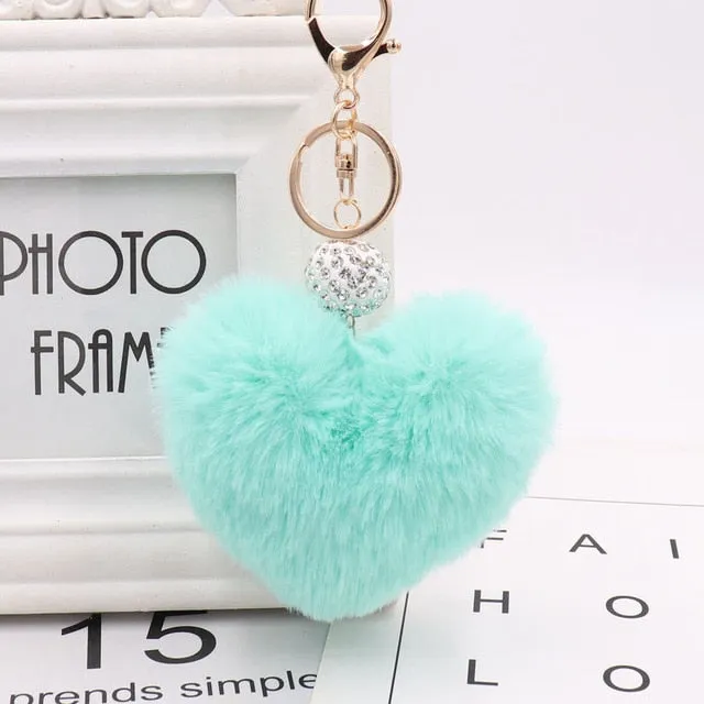 Heart Pom Pom Key Chain With Round Crystal Ball