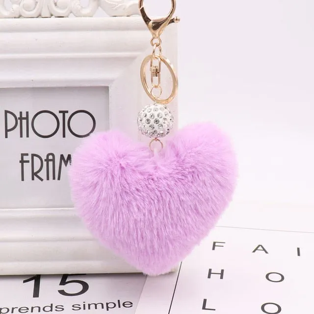 Heart Pom Pom Key Chain With Round Crystal Ball