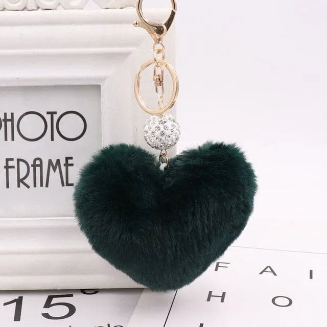 Heart Pom Pom Key Chain With Round Crystal Ball