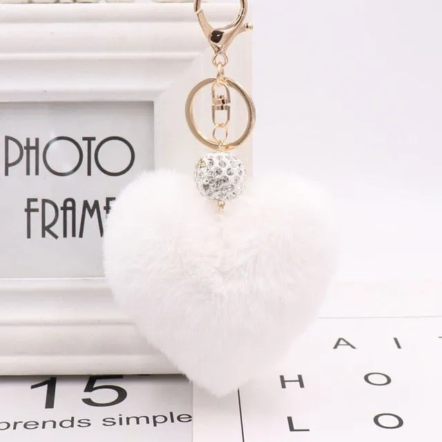 Heart Pom Pom Key Chain With Round Crystal Ball