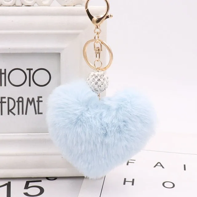 Heart Pom Pom Key Chain With Round Crystal Ball