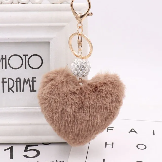 Heart Pom Pom Key Chain With Round Crystal Ball