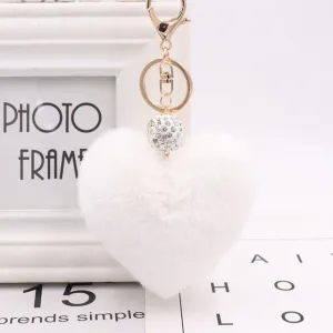 Heart Pom Pom Key Chain With Round Crystal Ball