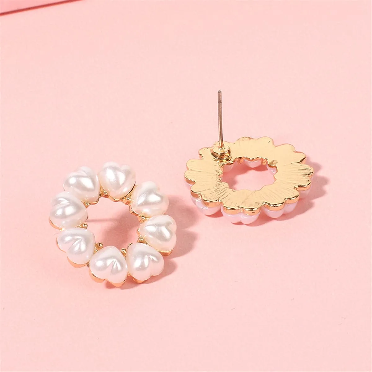 Heart-Shape Pearl & 18K Gold-Plated Circle Stud Earrings