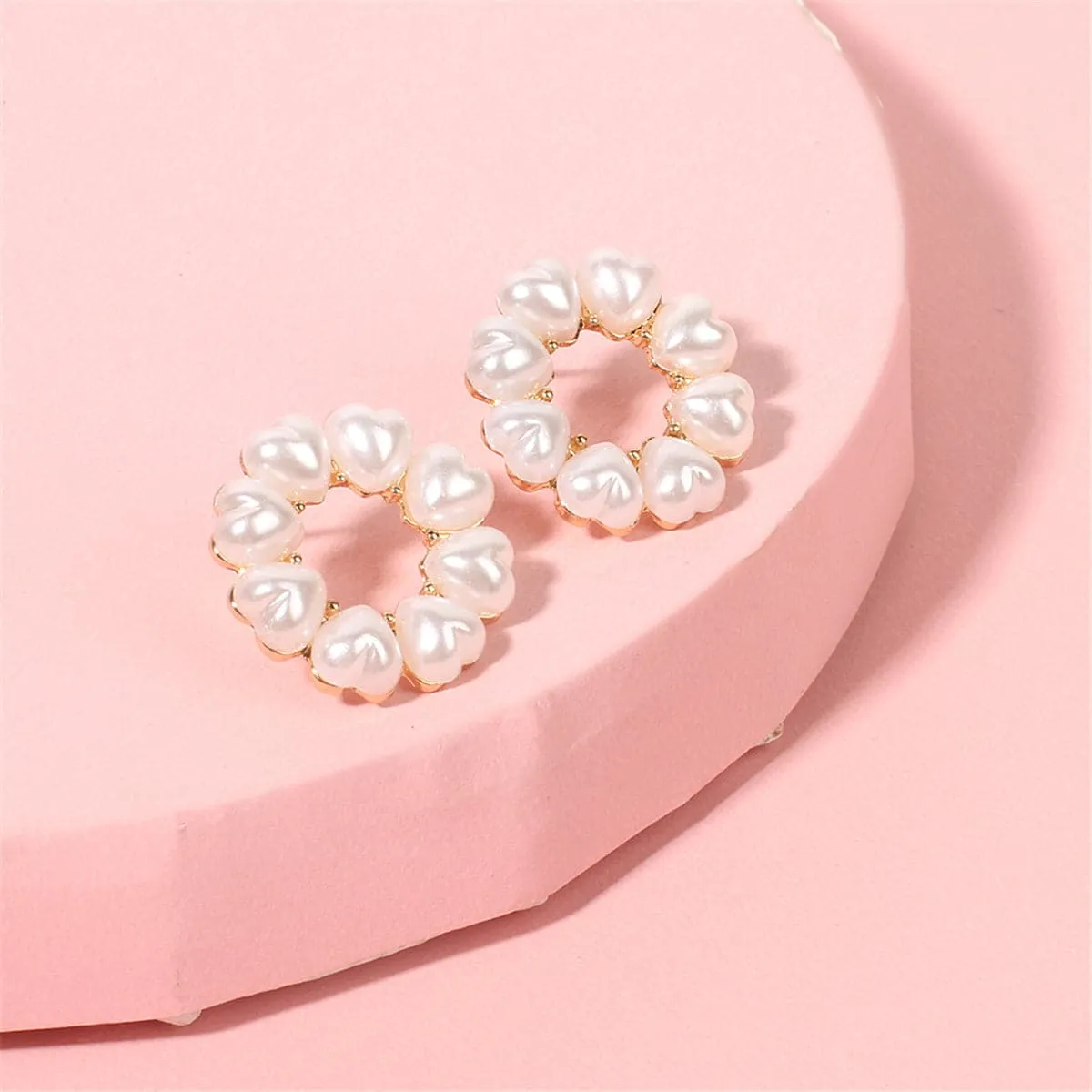 Heart-Shape Pearl & 18K Gold-Plated Circle Stud Earrings