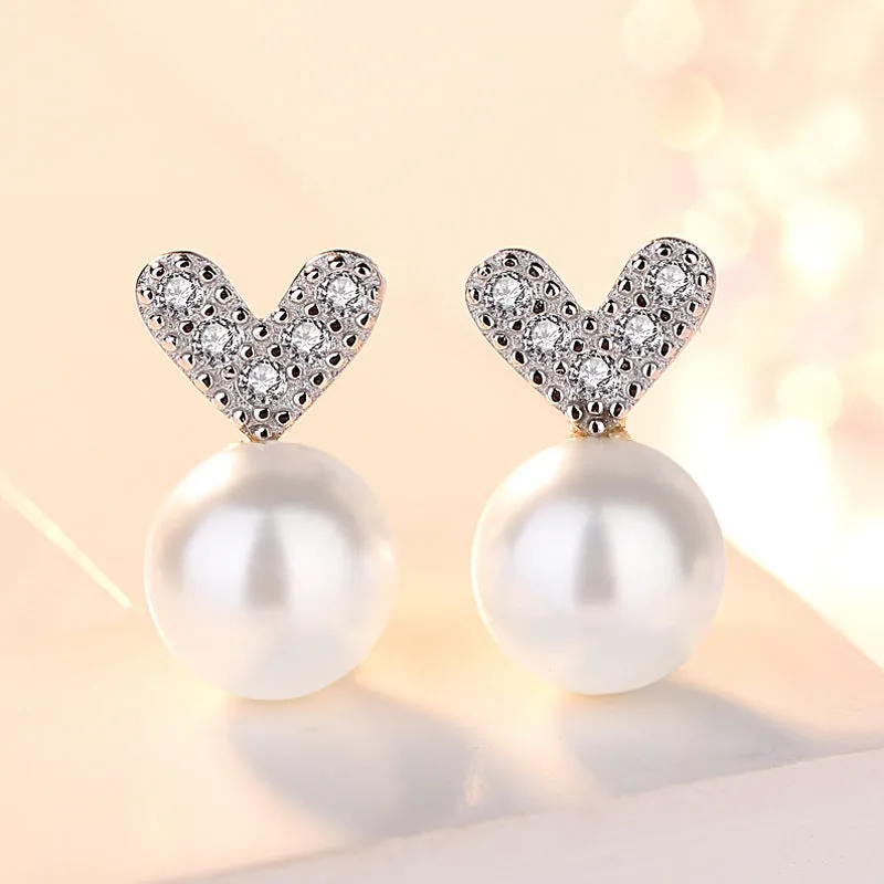 Heart Shaped 8mm White Pearl Stud Earrings