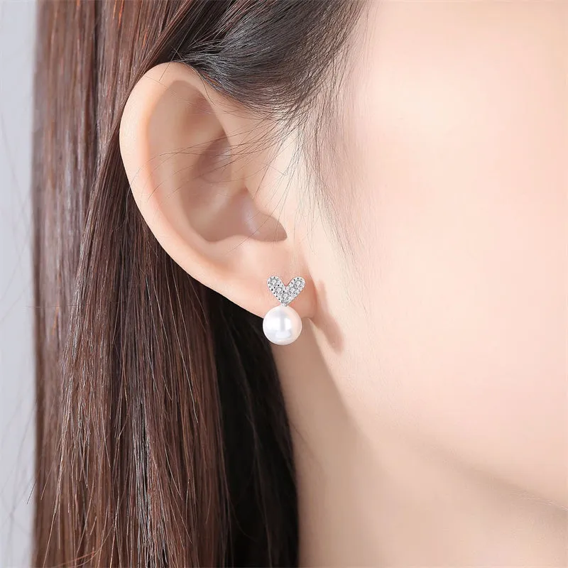 Heart Shaped 8mm White Pearl Stud Earrings