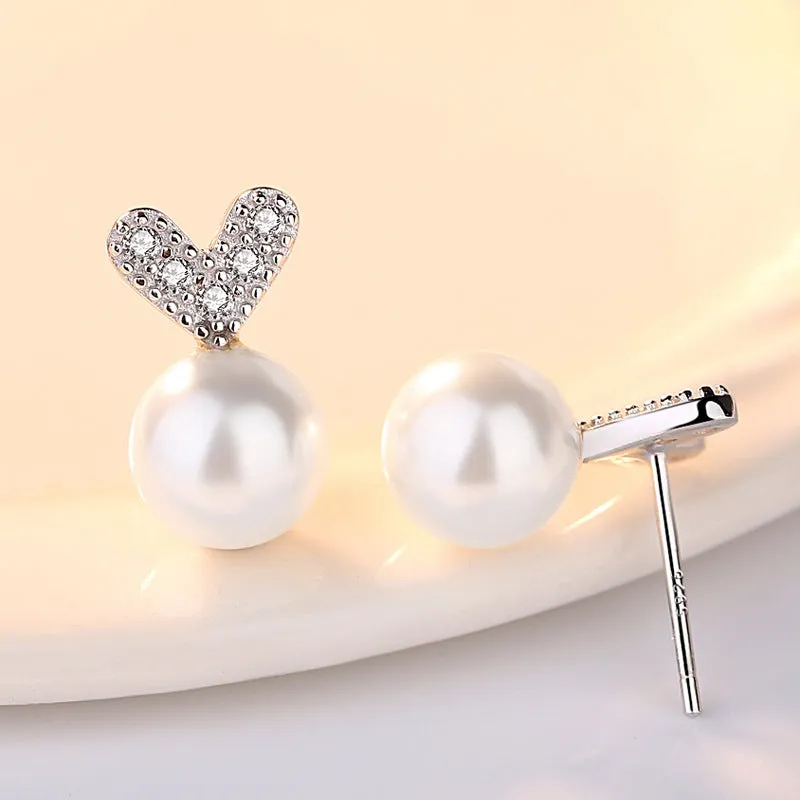 Heart Shaped 8mm White Pearl Stud Earrings