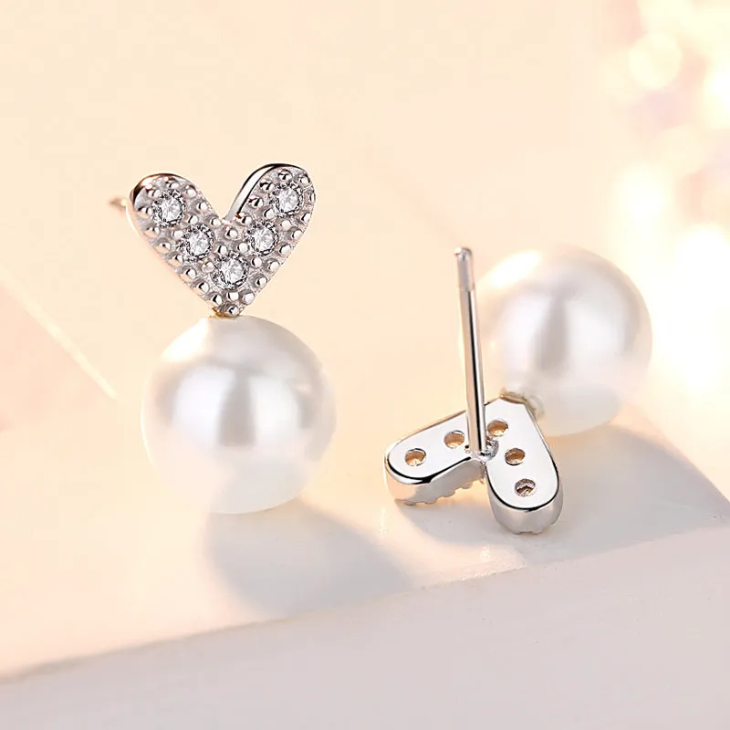 Heart Shaped 8mm White Pearl Stud Earrings
