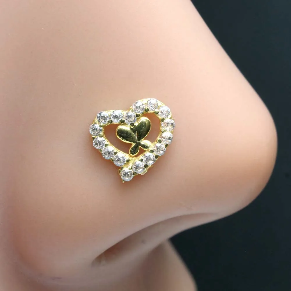 Heart Style 14k Real Gold CZ Corkscrew Nose Stud 24g