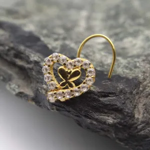 Heart Style 14k Real Gold CZ Corkscrew Nose Stud 24g