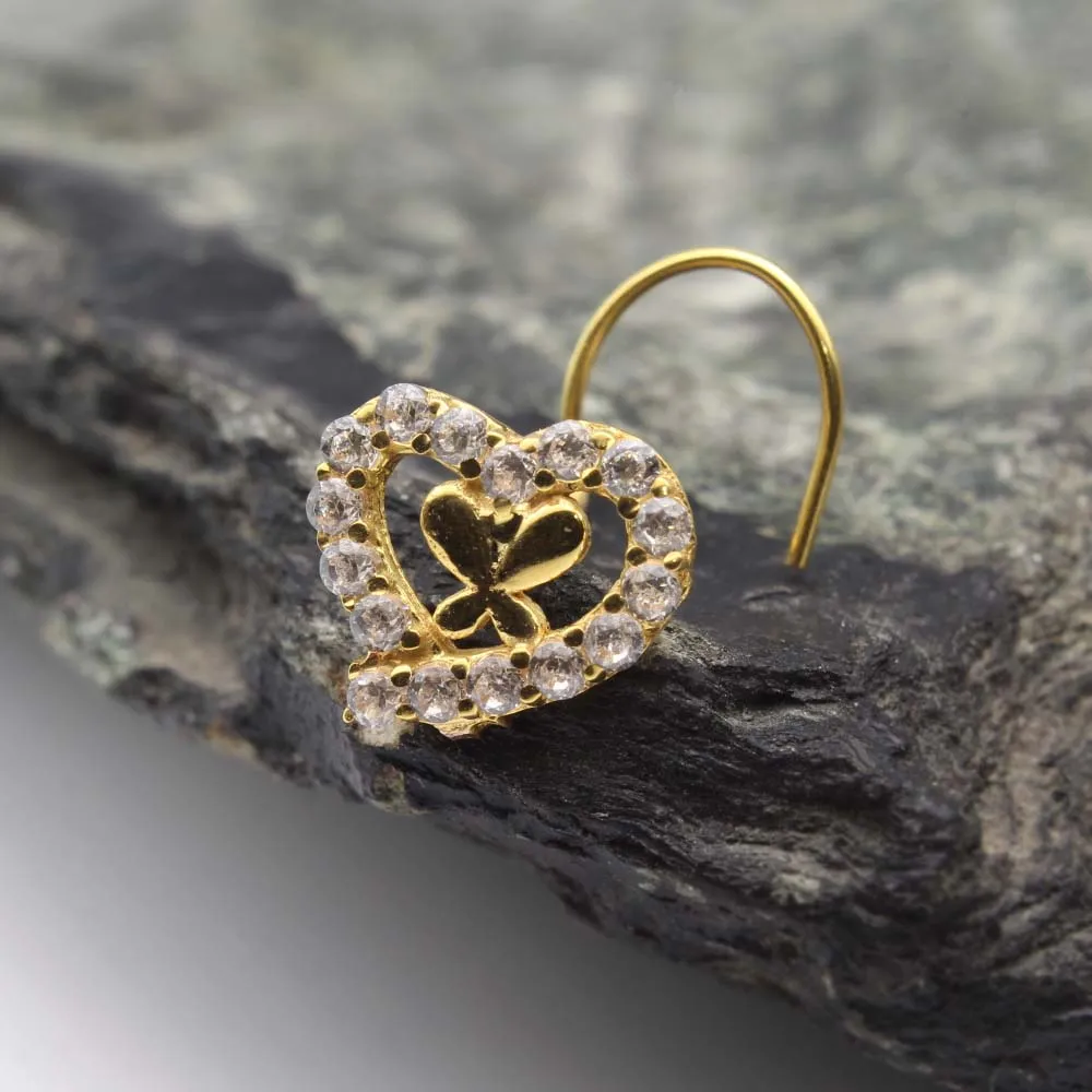 Heart Style 14k Real Gold CZ Corkscrew Nose Stud 24g