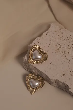 Heart To Heart Pearl Earrings - Gold
