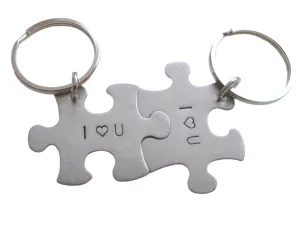 I Heart U 2 Matching Steel Puzzle Engraved Keychains