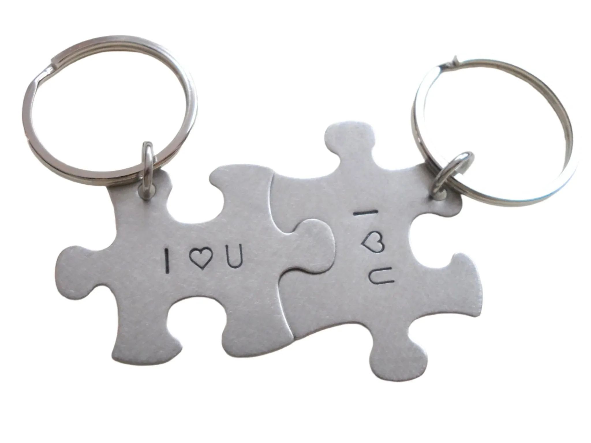 I Heart U 2 Matching Steel Puzzle Engraved Keychains